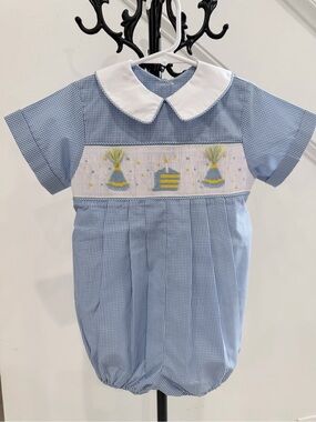 Tricia Blue Gingham Baby Bubble Romper with Smocked Party Hat Embroidery Sz 18M
